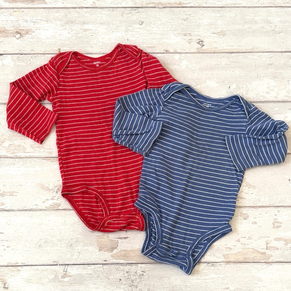 Carters 18m Long Sleeve Bodysuits Baby Boy Onesies Blue Red Stripes 100% Cotton
